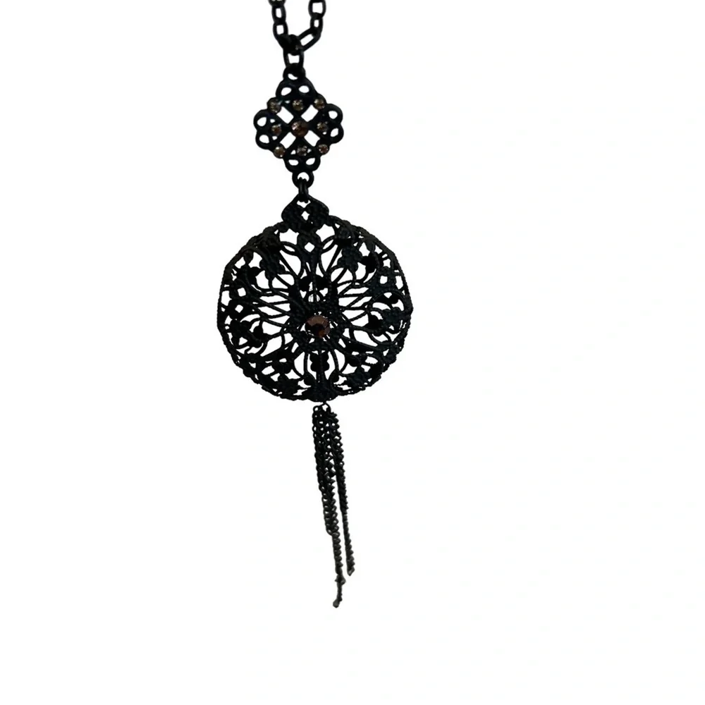 Necklace Stephan & Co. Matte Black 3D Lace Metal Pink Rhinestone Tassel